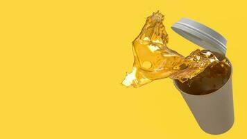 spilled coffee cup on yellow background  3d rendering photo