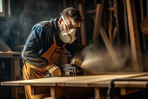 carpintero trabajando en su carpintería taller. confidente joven masculino carpintero en protector máscara y trabajando con madera en su taller. generativo ai foto