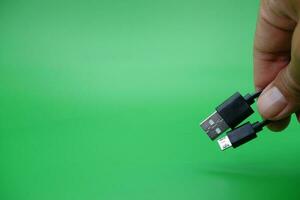 mano participación USB tipo un a USB micro si cable aislado en verde antecedentes. foto