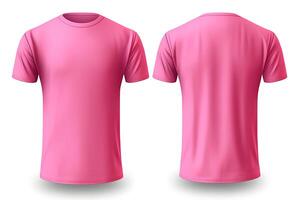 Pink male t-shirt realistic mockup set from front and back view, blank textile print design template for fashion apparel. photo