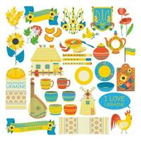 Set of elements, dumplings, poppy, mill, borscht, wheat, house. Ukrainian symbols. vector