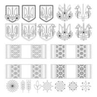 A set of elements of a coat of arms, a flag, embroidered towels. Ukrainian symbols. Line art. vector