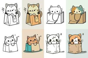 pequeño gato en un papel compras bolso manojo, gato dibujos animados en un papel compras bolso manojo, gracioso gato en un papel compras bolsa, gato amante, linda gato logo diseño. gato logo, gato dibujos animados personaje diseño. vector