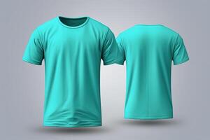 Cyan male t-shirt realistic mockup set from front and back view, blank textile print design template for fashion apparel. photo