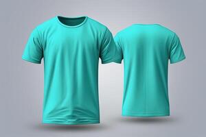 Cyan male t-shirt realistic mockup set from front and back view, blank textile print design template for fashion apparel. AI Generated photo