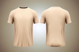 Beige male t-shirt realistic mockup set from front and back view, blank textile print design template for fashion apparel. photo