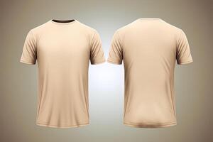 Beige male t-shirt realistic mockup set from front and back view, blank textile print design template for fashion apparel. AI Generated photo