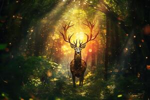 A magical fairy tale forest with deer. A mythical realm is like something out of a storybook. photo