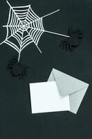 Halloween holiday invitation with spider and spider web on black background. photo