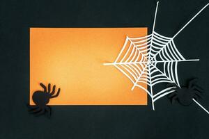 Halloween holiday background with spiders and spider web. View from above. photo