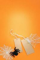 Halloween sale banner with labels and spider on orange background. photo