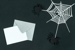 Halloween holiday invitation with spider and spider web on black background. photo