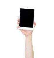 Man's arm raised holding a tablet. Technology concept. Isolate on white background. photo