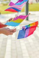 Female hands holding lgbtq, bisexual, asexual, transgender, lesbian and pan sexual flag. Selective focus. photo