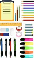 stationery, office and school supplies, a large set of stationery, pens, pencils, erasers, rulers, wax crayons, markers, highlighters, clip folder, decorative tape vector