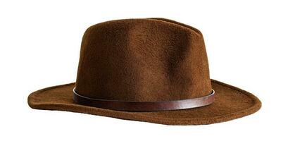 Side view of a brown leather cowboy hat isolated on blank background. photo