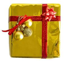 Golden gift box with red ribbon over white or transparent background. photo