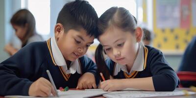 two Latino children studying in class. illustration. photo