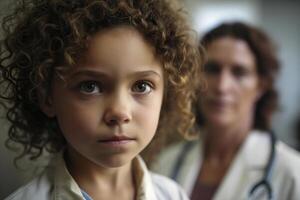 Portrait of curly-haired brunette boy and doctor in the background. Generative AI illustration. photo