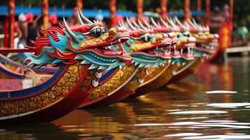 Rowing dragon boats during Duanwu. Generative AI illustration. photo