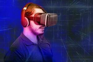 Man using glasses of virtual reality on dark background. photo