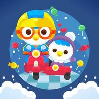 Penguin Riding A Scooter With His Friend In Candy World vector