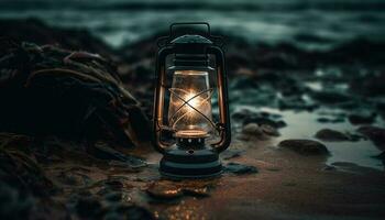 Glowing antique lantern illuminates rustic winter celebration table generated by AI photo