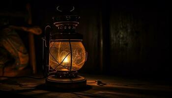 Rusty lantern glowing with kerosene flame outdoors generated by AI photo