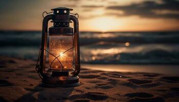 Glowing lantern illuminates tranquil sunset on coastline generated by AI photo