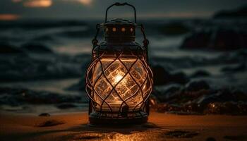 Glowing lantern illuminates old fashioned coastline at dusk generated by AI photo