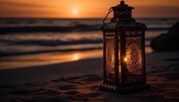 Antique lantern illuminates Arabic coastline at sunset generated by AI photo