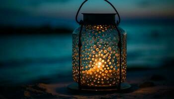 Glowing lantern illuminates old fashioned candle on sand generated by AI photo