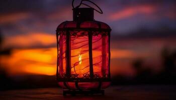 Glowing lantern illuminates old fashioned winter celebration outdoors generated by AI photo