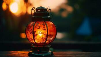 Glowing antique lantern illuminates spooky Halloween night generated by AI photo