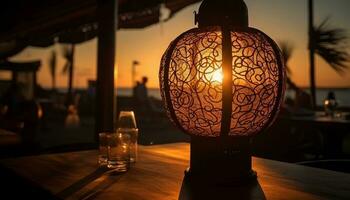 Glowing lantern illuminates table at dusk outdoors generated by AI photo