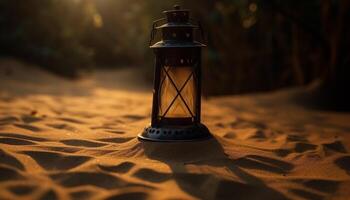 Rustic lantern glows in the dark forest generated by AI photo