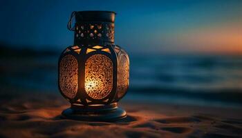 Arabic lantern illuminated by candlelight at dusk generated by AI photo