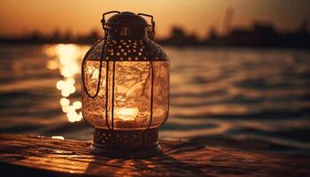 Glowing lantern illuminates old fashioned nautical vessel at dusk generated by AI photo