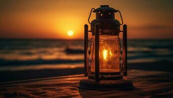 Sunset illuminates lantern on tranquil coastline generated by AI photo