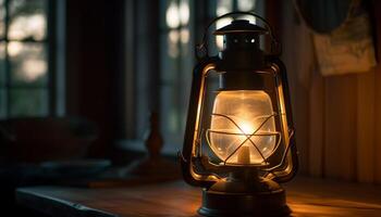 Antique lantern glowing with kerosene flame outdoors generated by AI photo