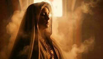 joven mujer Orando en tradicional religioso velo generado por ai foto