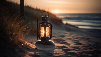 Glowing lantern illuminates tranquil summer night outdoors generated by AI photo