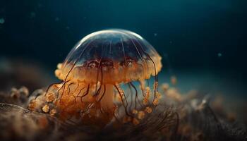 Glowing moon jellyfish in deep saltwater reef generated by AI photo