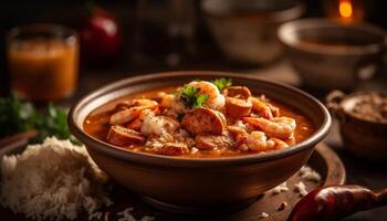 Gourmet seafood stew, fresh herbs, rustic bread generated by AI photo