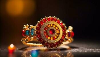 Shiny gold jewelry adorns bride ornate wrist generated by AI photo