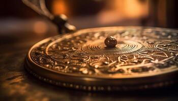 Antique coin on table, symbol of wealth generated by AI photo