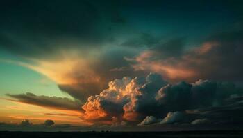 Dramatic sky, tranquil scene, idyllic sunset reflection generated by AI photo