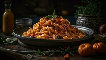 Fresh pasta meal on rustic wooden table generated by AI photo