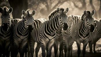 Striped zebra herd in a row on savannah generated by AI photo