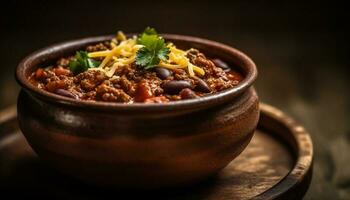 Freshly cooked vegetarian stew on rustic pottery plate generated by AI photo